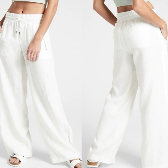 Athleta Pants - Athleta Cabo White Linen Wide Leg High Rise Elastic Waist Pants w/Pockets, Sz 8
